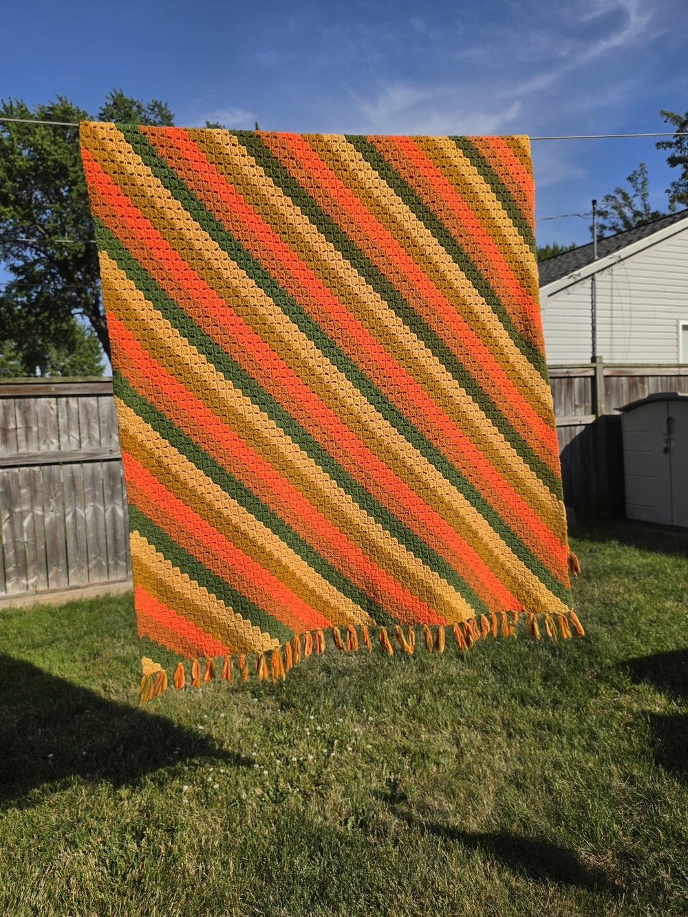 Handmade Retro Diagonal Stripe Crochet Throw — Orange, Yellow, Green